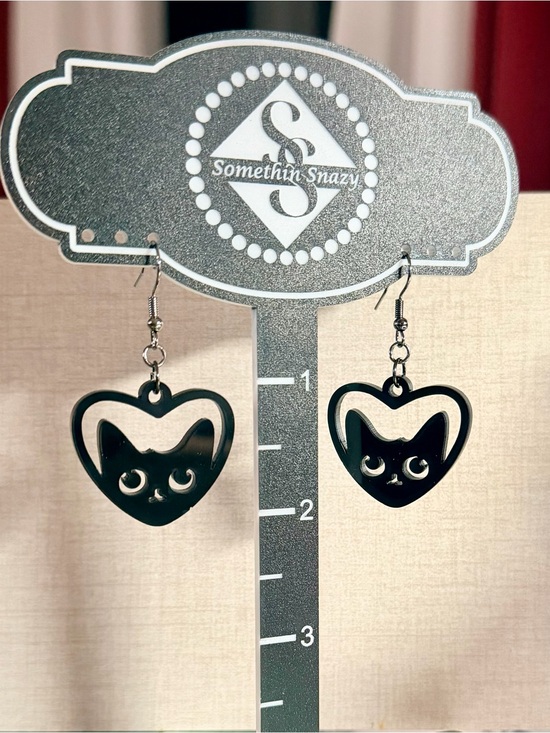 Hand Crafted Jewelry - Hand Crafted Black Cat heart earrings hypoallergenic hooks NEW made to order